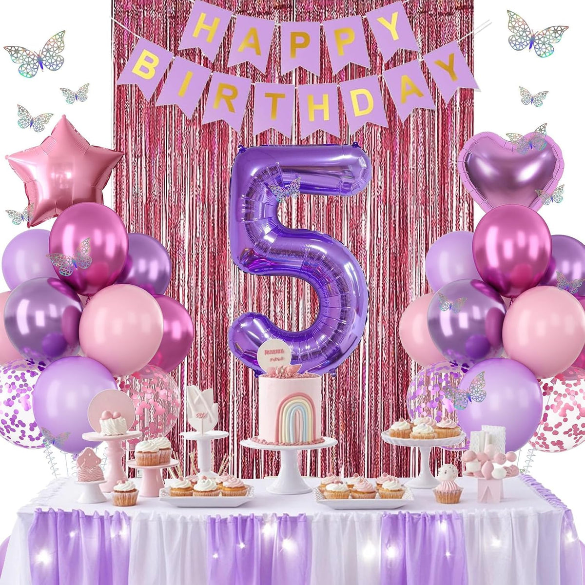 Pink Purple 5th Birthday Party Decorations for Girls Number 5 Balloon Happy Birthday Banner
