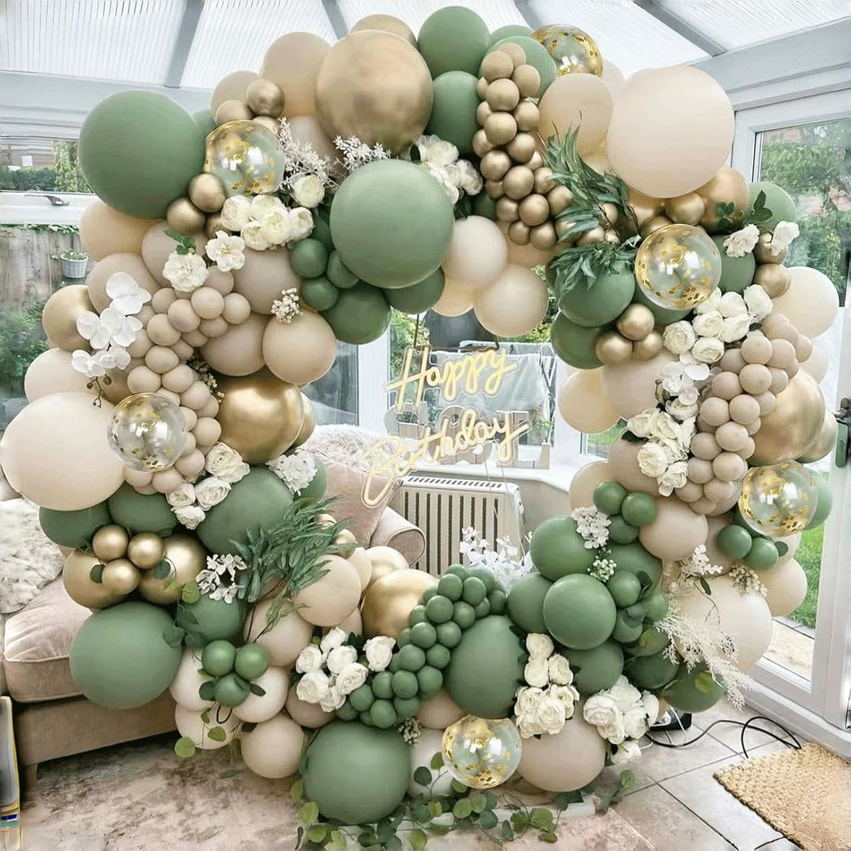Sage Green White Sand Balloon Arch Kit, Green Beige Gold Metallic Balloons Garland Kit with Gold