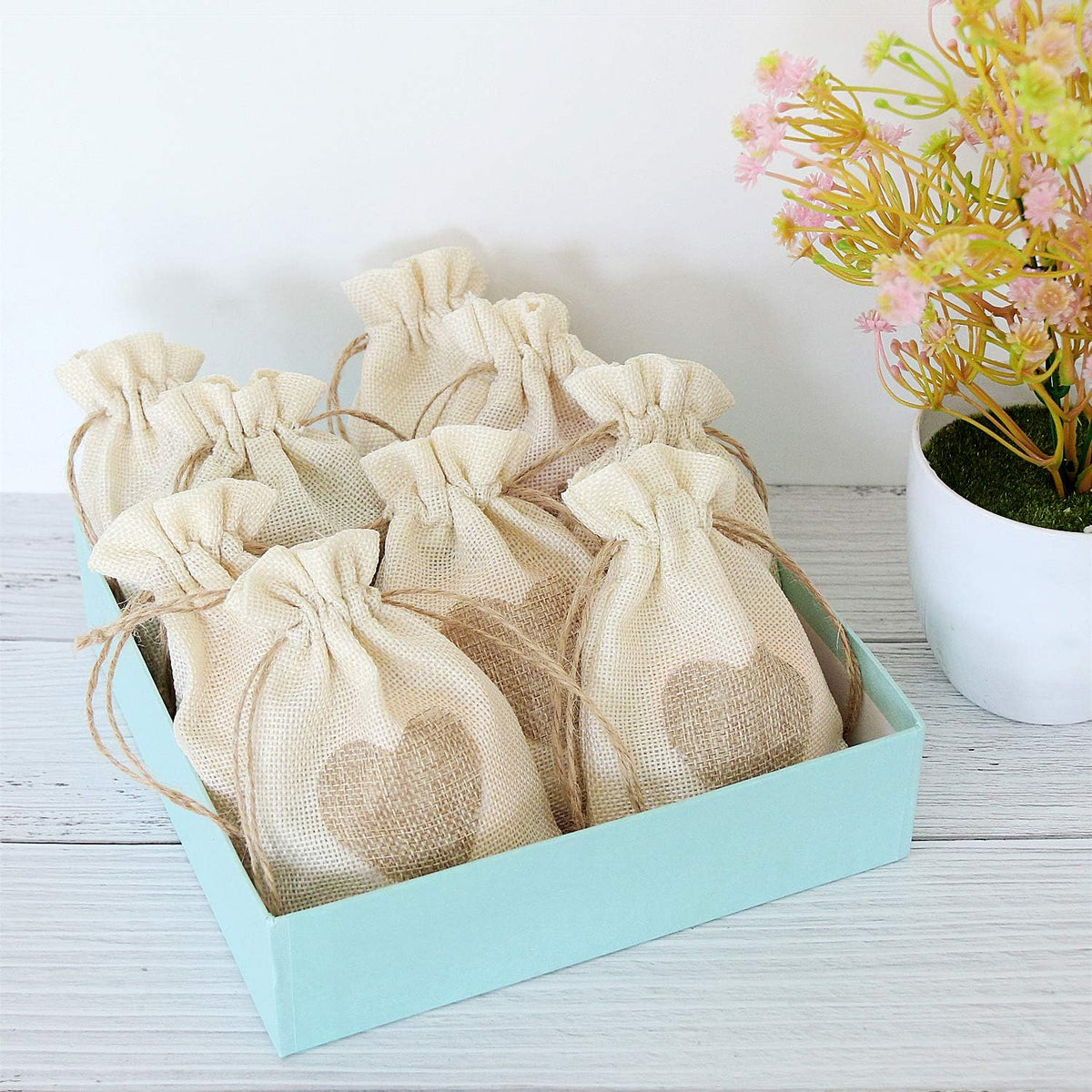 SumDirect Heart Burlap Bags with Drawstring - 36Pcs 4x6 Inch Beige Small Linen Gift Pouch for