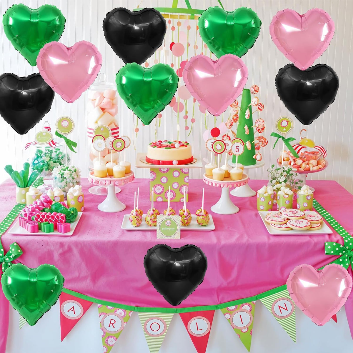 Black Green Pink Heart Balloons,12Pcs 18Inch Pink Green Heart Shaped Foil Helium Balloons for Baby