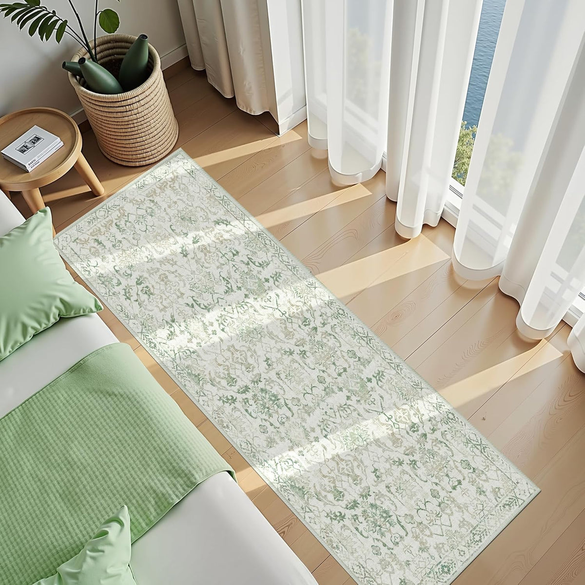 Green 3x10 Runner Rug for Hallways Bed Side Kitchen, Boho Washable Distressed Low-Pile Floor