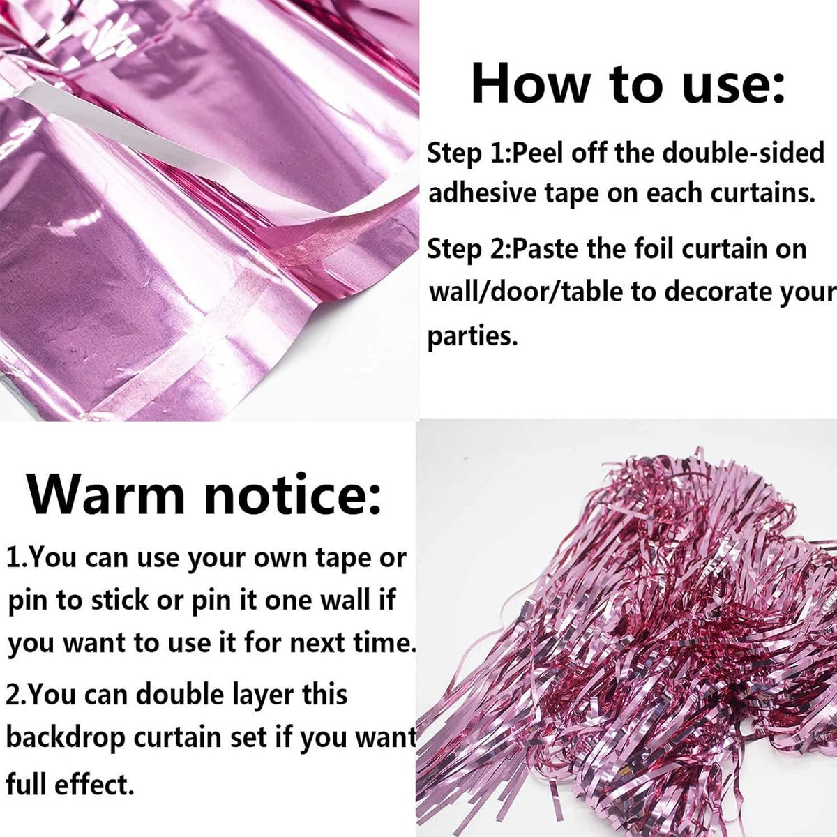 4 Pack Pink Foil Fringe Curtain Backdrop, 3.3Ft x 9.8Ft Metallic Tinsel Foil Fringe Streamers