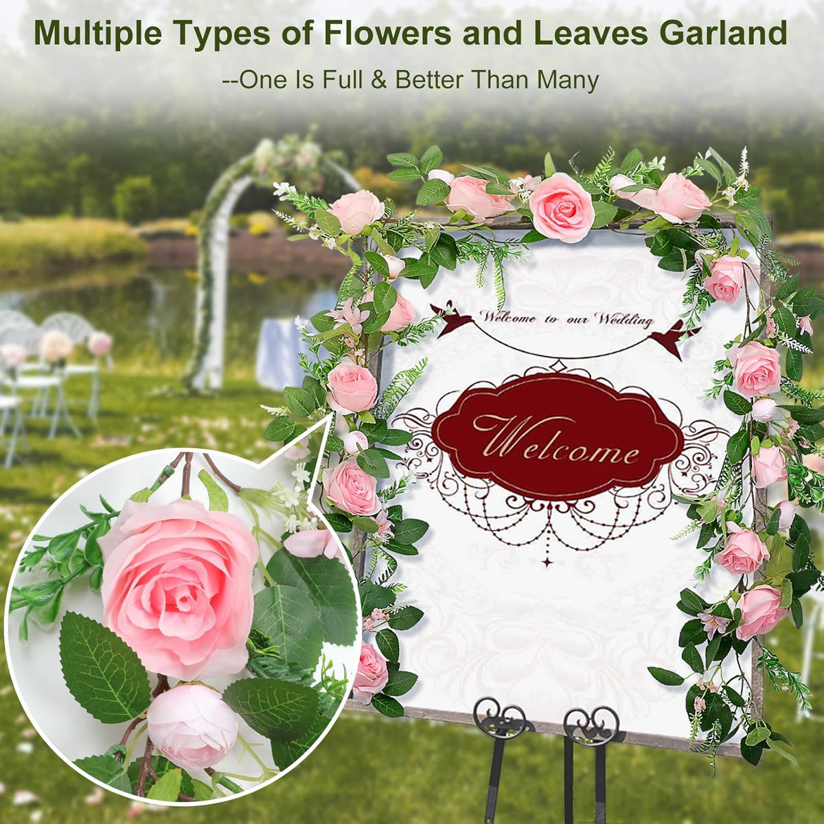 Naidiler Full Pink Flower Garland, 6.2FT Artificial Rose Floral Vine Pretty Spring Pink Flower
