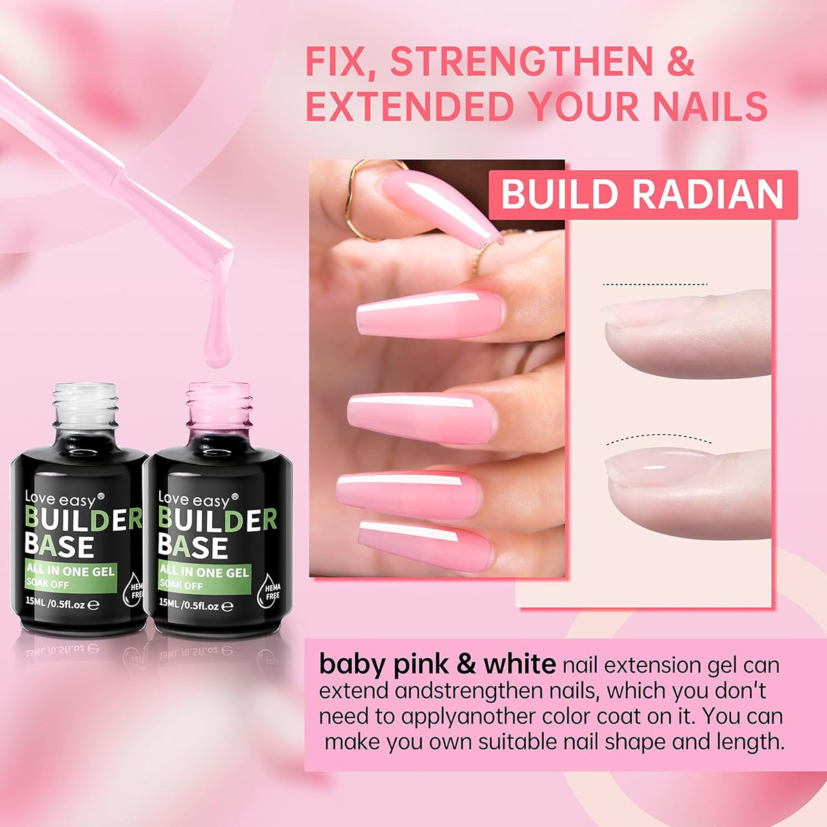 Hema Free Builder Gel (Milky White+ Baby Pink) - Hypoallergenic Strong Base Coat | Long-Lasting