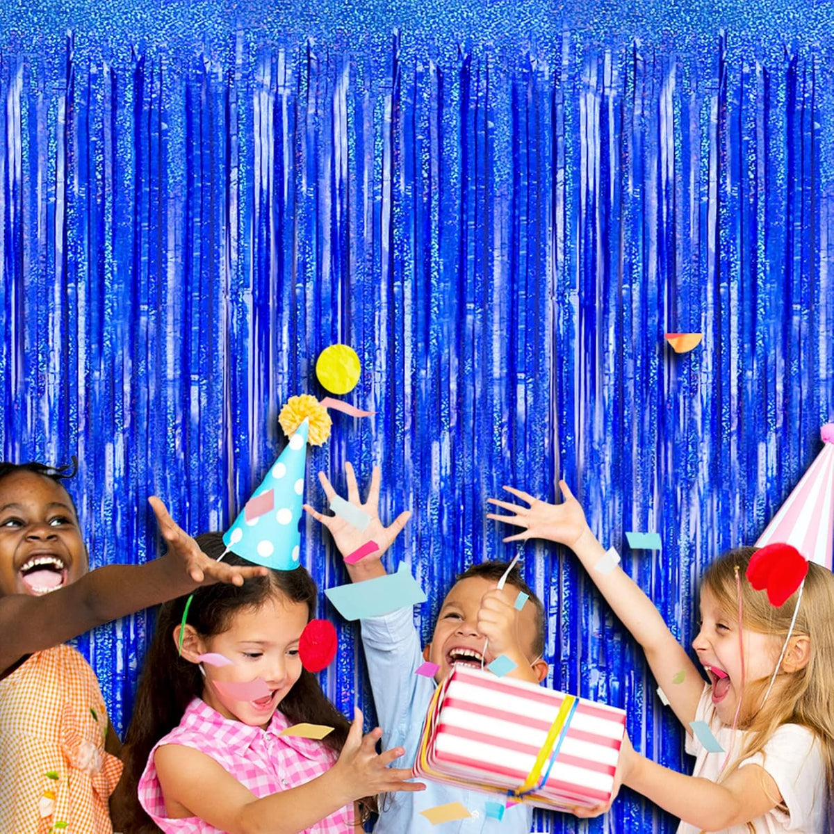 4 Pack Blue Tinsel Foil Fringe Curtain Backdrop, 3.28Ft x 8.2Ft Metallic Streamers for Photo Booth