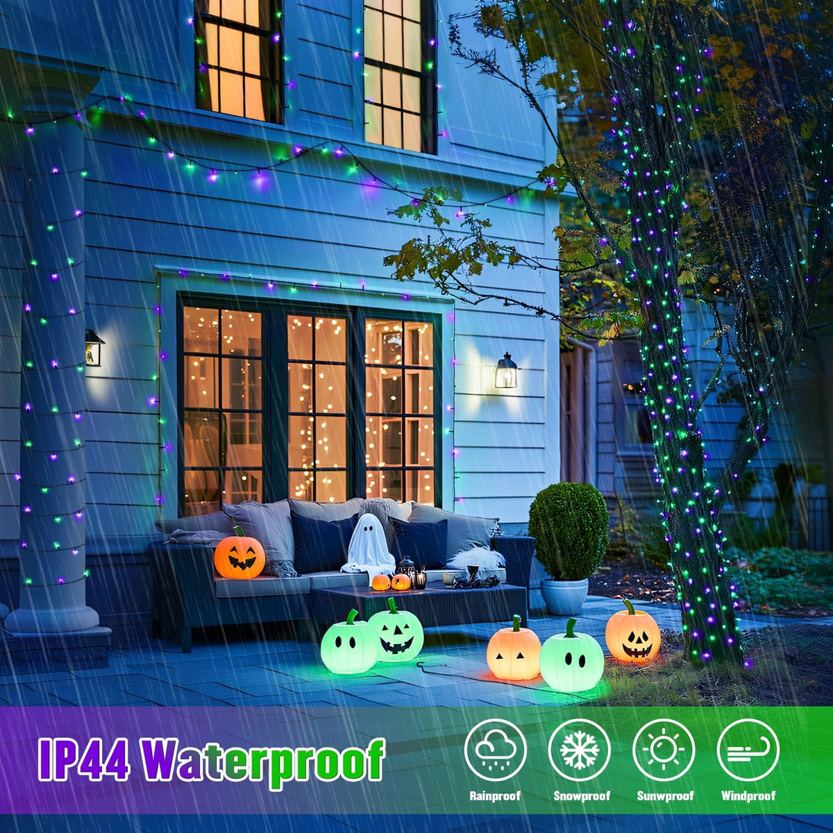 JMEXSUSS Purple and Green Halloween Lights, Total 66 FT 200 LED Solar Halloween Lights Outdoor, 2