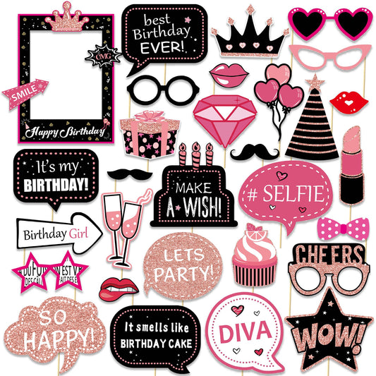 30 Pcs Hot Pink Birthday Photo Booth Props Kit for Girls, Happy Birthday Party Favors Supplies with