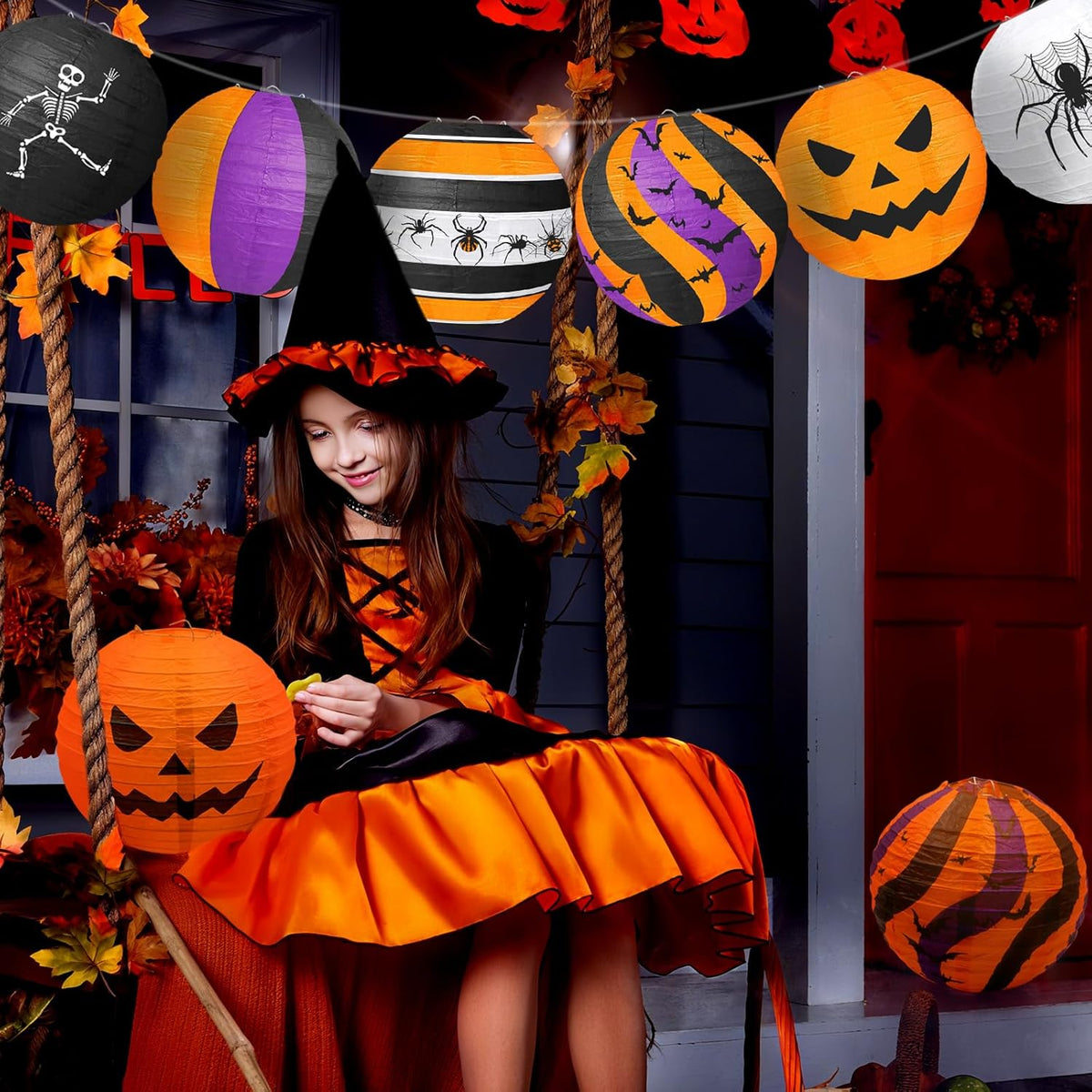 ADLKGG Halloween Party Decorations, Black Orange Purple Hanging Spider Bat Pumpkin Skeleton Paper