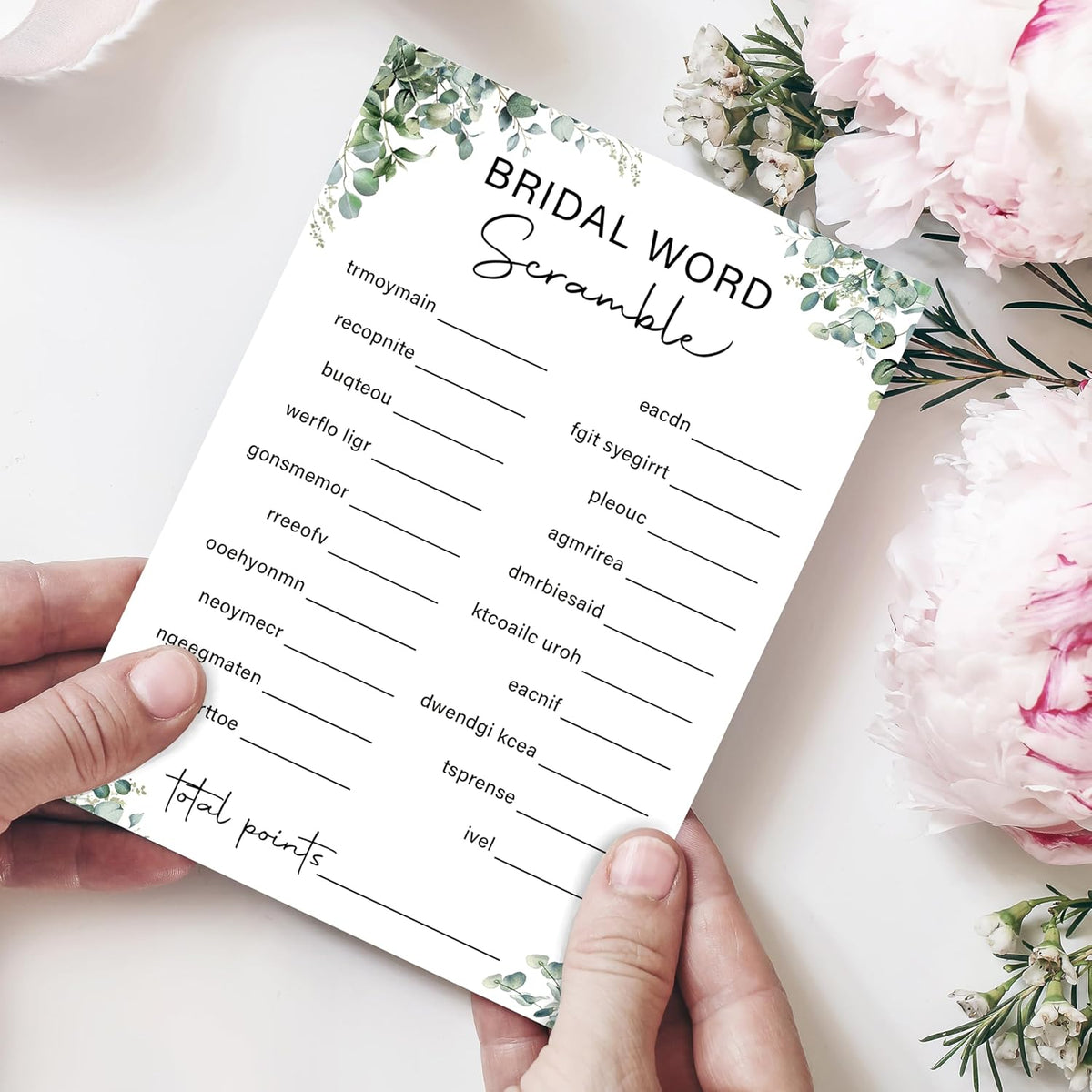 Eucalyptus Bridal Shower Game Cards - Word Scramble, Wedding Engagement Bachelorette Party Bridal