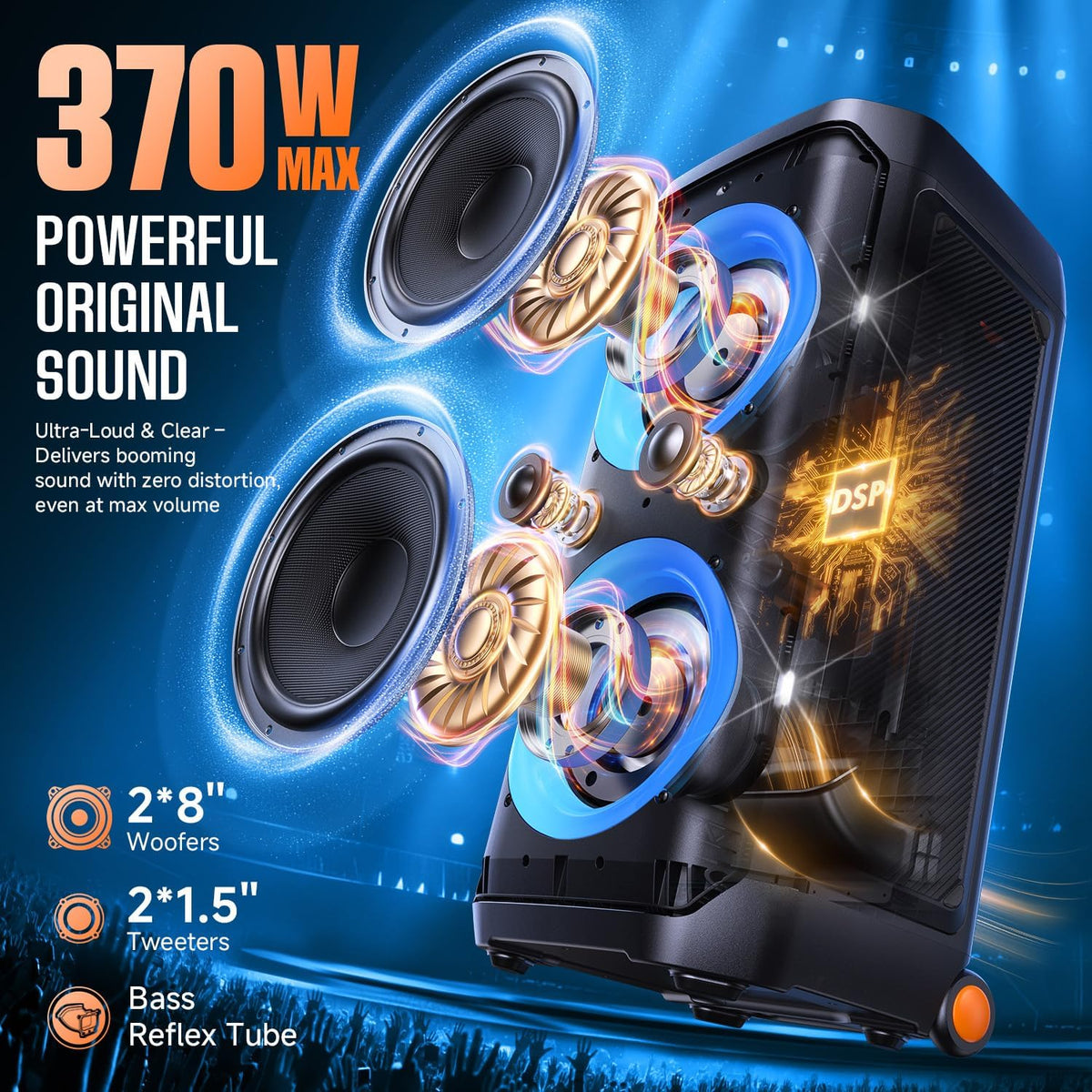 W-KING Portable Speaker Bluetooth Partybox Loud, 370W MAX Pro Sound, Deepest Bass,Large Outdoor