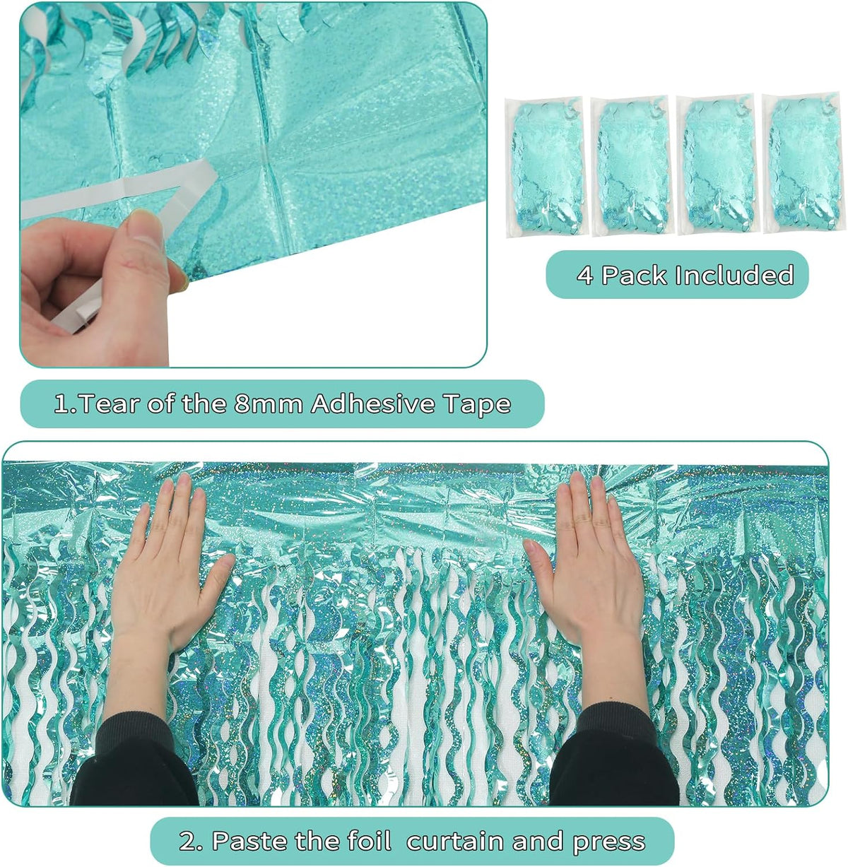 4 Pack 3.3 ft x 6.6 ft Wavy Sparkle Aqua Teal Blue Foil Curtain - Water Blue Foil Streamers for