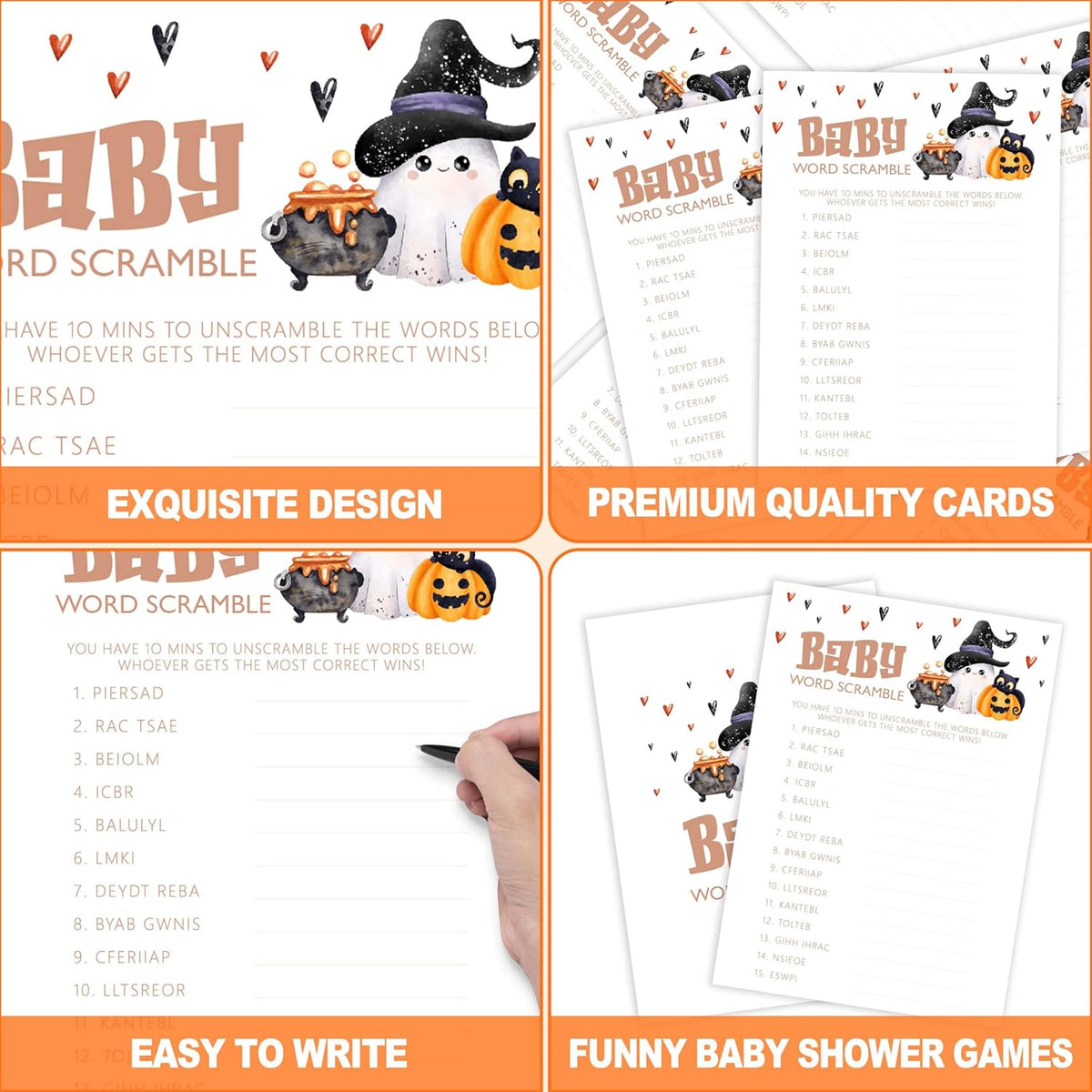 Baby Shower Games, Halloween Baby Word Scramble, 25 Double-Sided Game Cards + 1 Answer Card for