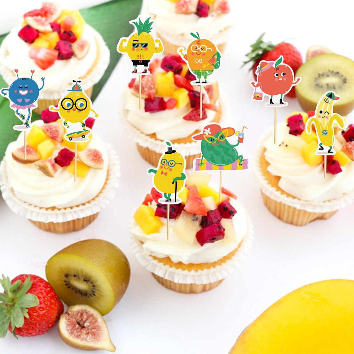 24pcs Fruit Cupcake Toppers Anthropomorphic Fruit Theme Kawaii Watermelon Apple Banana Lemon