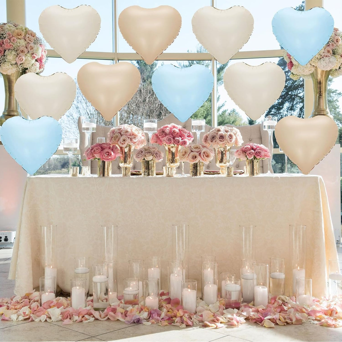 Blue Cream White Heart Balloons,12Pcs 18Inch Baby Blue Beige Apricot Nude Heart Shaped Foil Helium