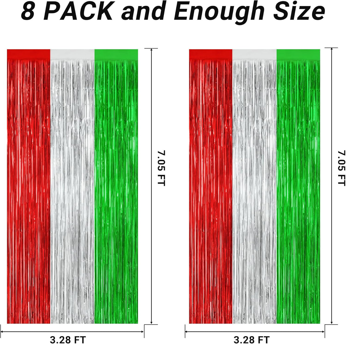 8 Pack Christmas Photo Backdrop, 3.28 FT x 7.05 FT Red Silver Green Party Streamer, Metallic Foil