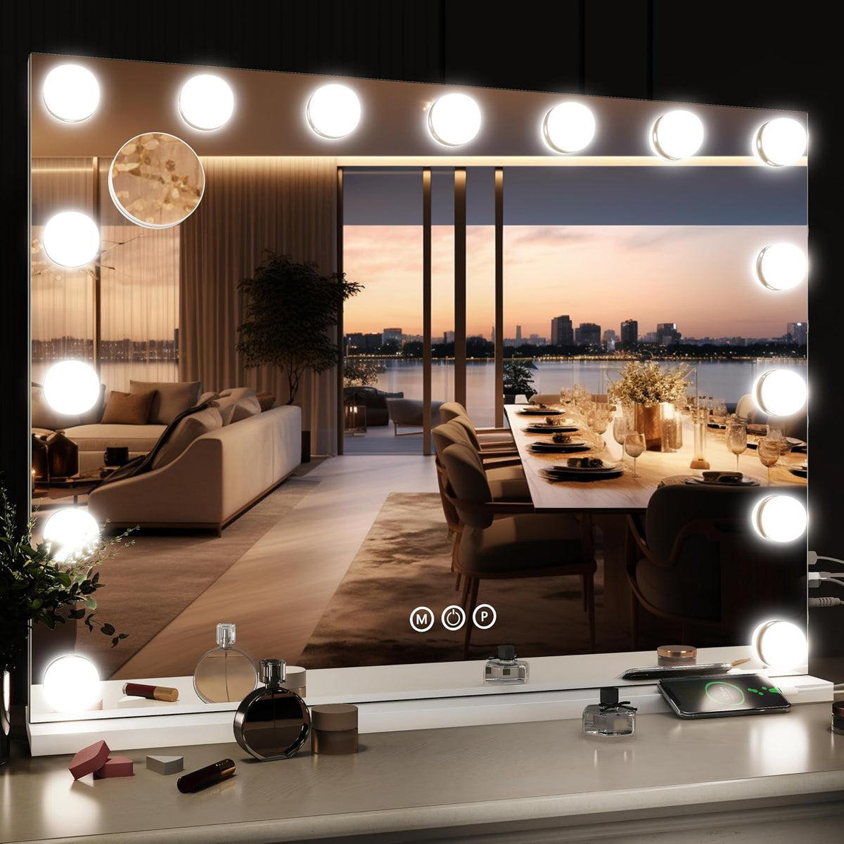 32"x24" Hollywood Vanity Mirror with Lights, 18 Dimmable LED Bulbs, 3 Color Modes, 10X