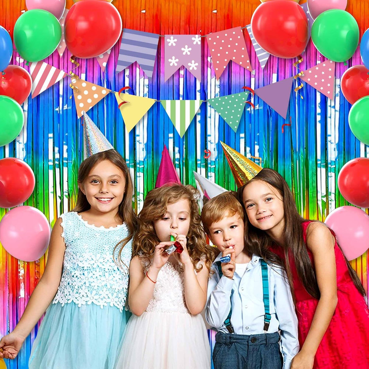 6 Pack Dark Rainbow Foil Fringe Curtains Backdrop, 3.28 x 8.2 Ft Metallic Streamers Tinsel Curtains