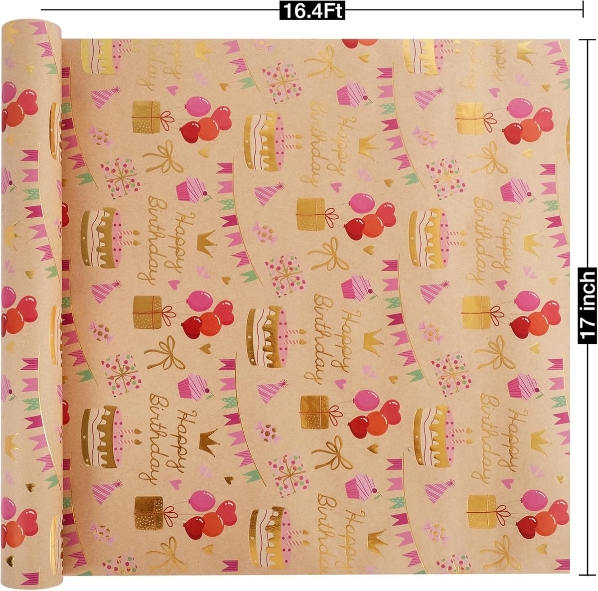 Aimyoo Birthday Wrapping Paper Roll - 17 Inch X 16.4 Feet - Gold Foil Celebration Cake, Gift