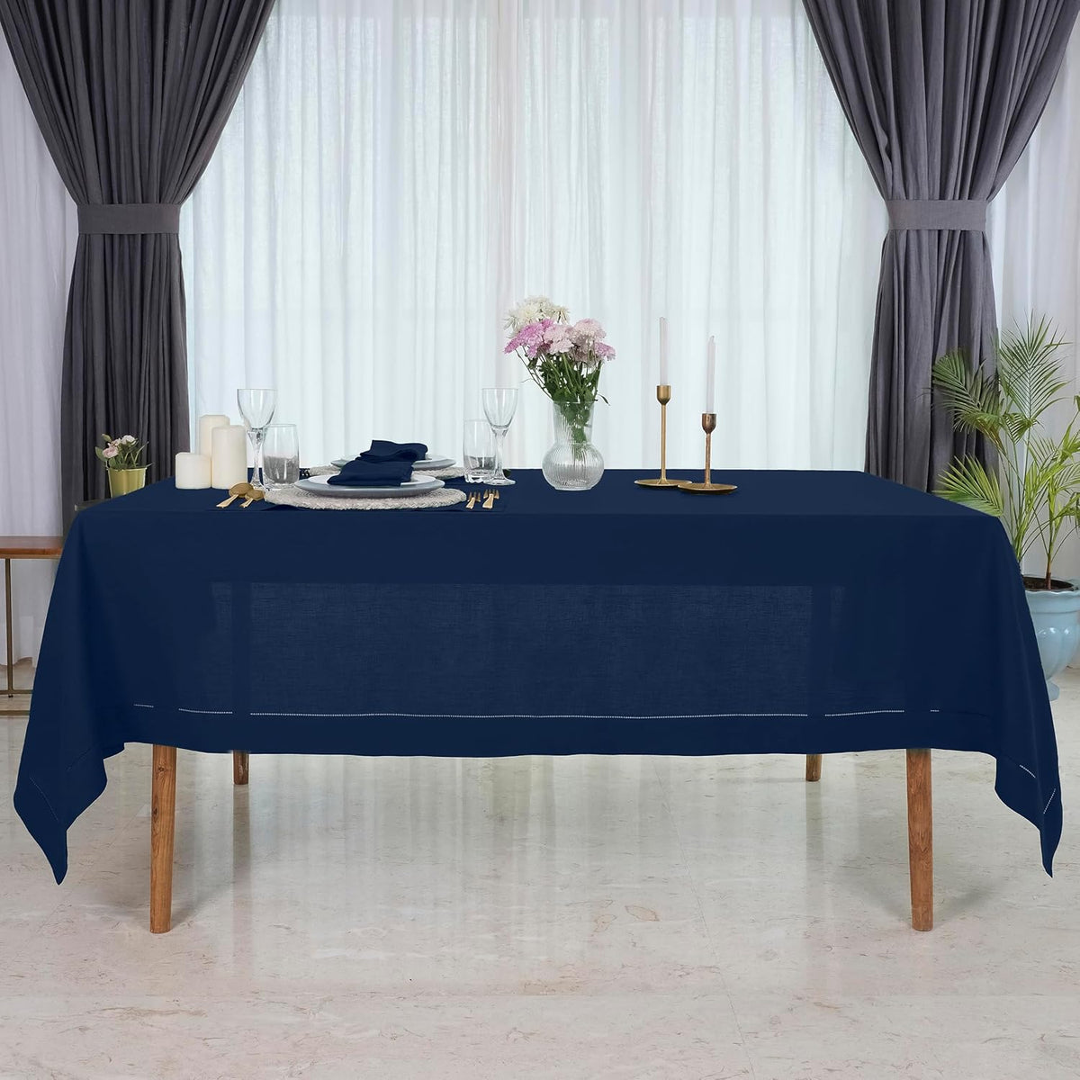 D'Moksha Homes Navy Blue Linen Tablecloth 60 x 108 Inch - 100% Pure Linen Navy Table Cloth for