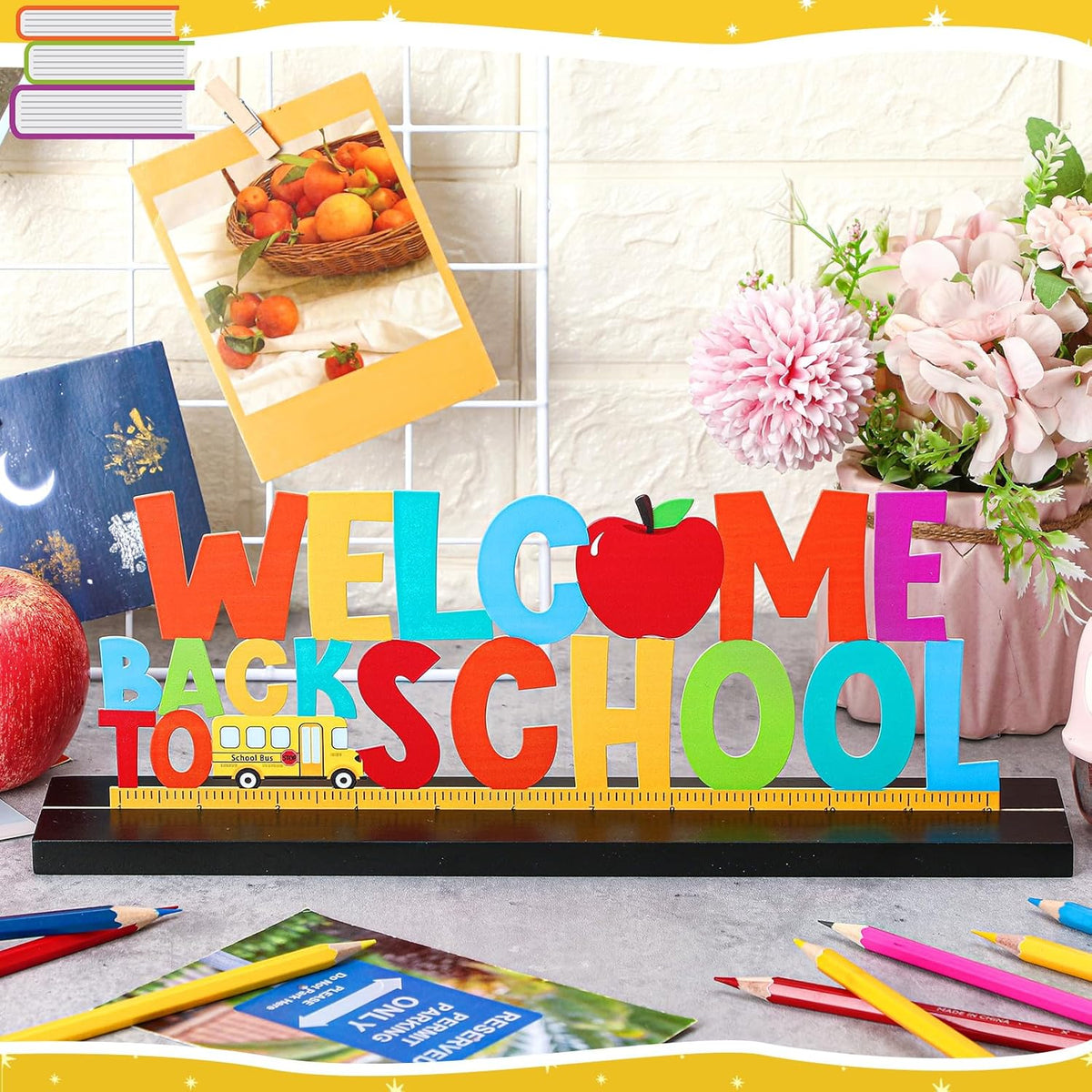 Welcome Back to School Metal Sign First Day of School Table Decor Metal Word Sign with Wooden Base