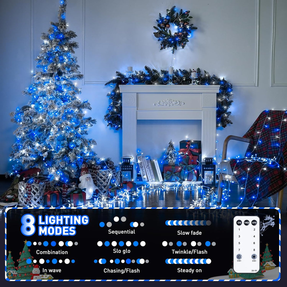 JMEXSUSS Blue and White Christmas Lights Outdoor with Remote, 600 LED String Lights Indoor Clear