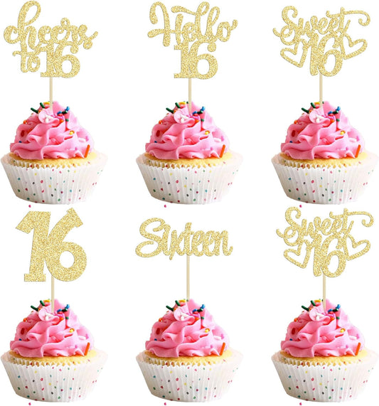 30pcs 16th Birthday Cupcake Toppers - Sixteen Happy 16th Cupcake Picks - Cheers to Sweet 16 Cake