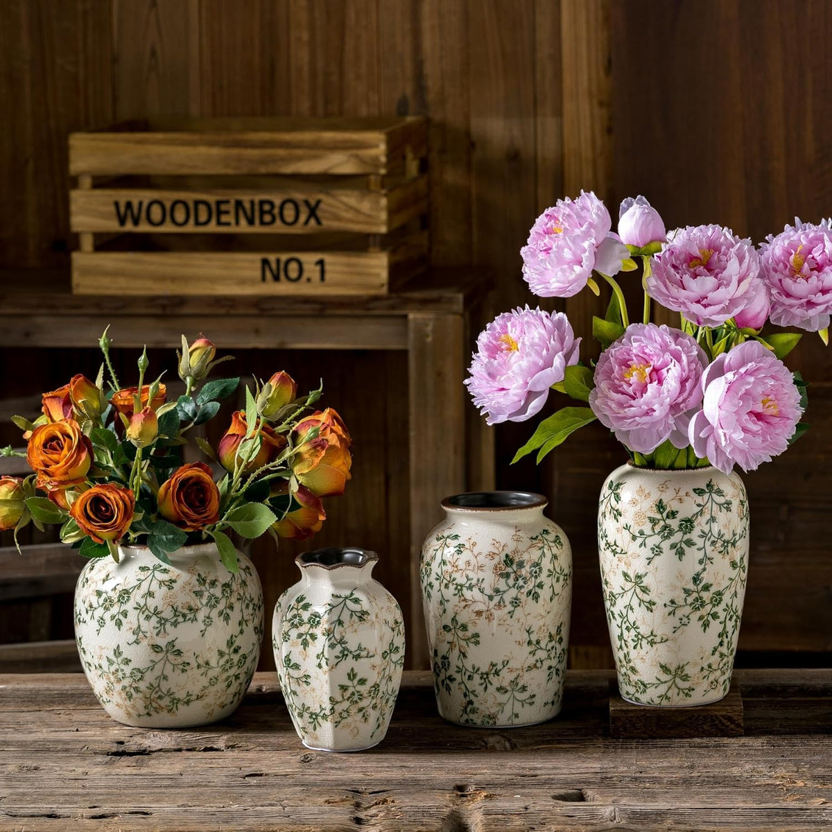 Vintage Green and Beige Round Pastoral Vase, Round Ceramic Floral Vases, Retro Ice Cracked