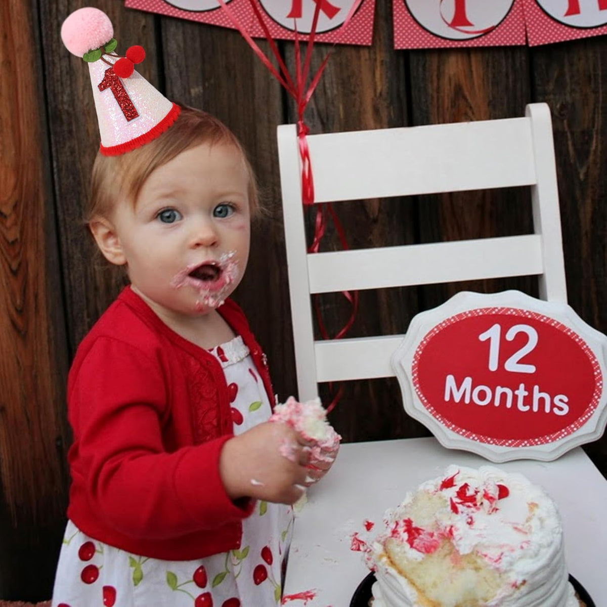 Cherry 1st Birthday Hat - Sweet One Party Decorations, Pink Glitter First Crown for Girls, Fruit