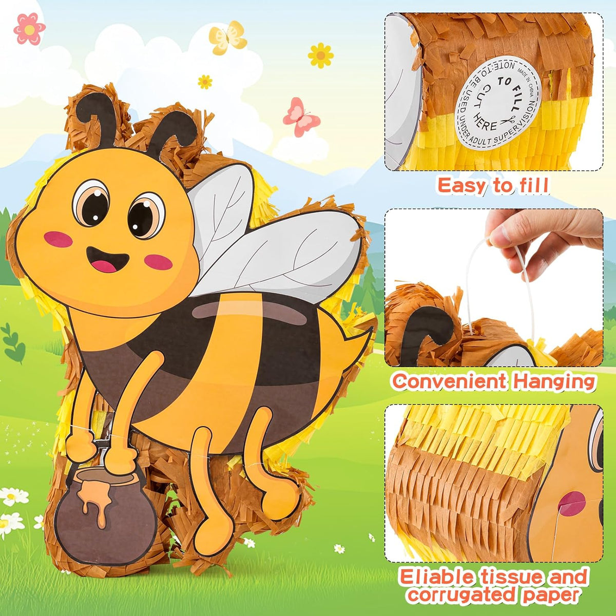 VINTS Bee Piñata Large Kids Bee Piñata with Blindfold Stick Confetti for Bee Themed Party Girl Boy