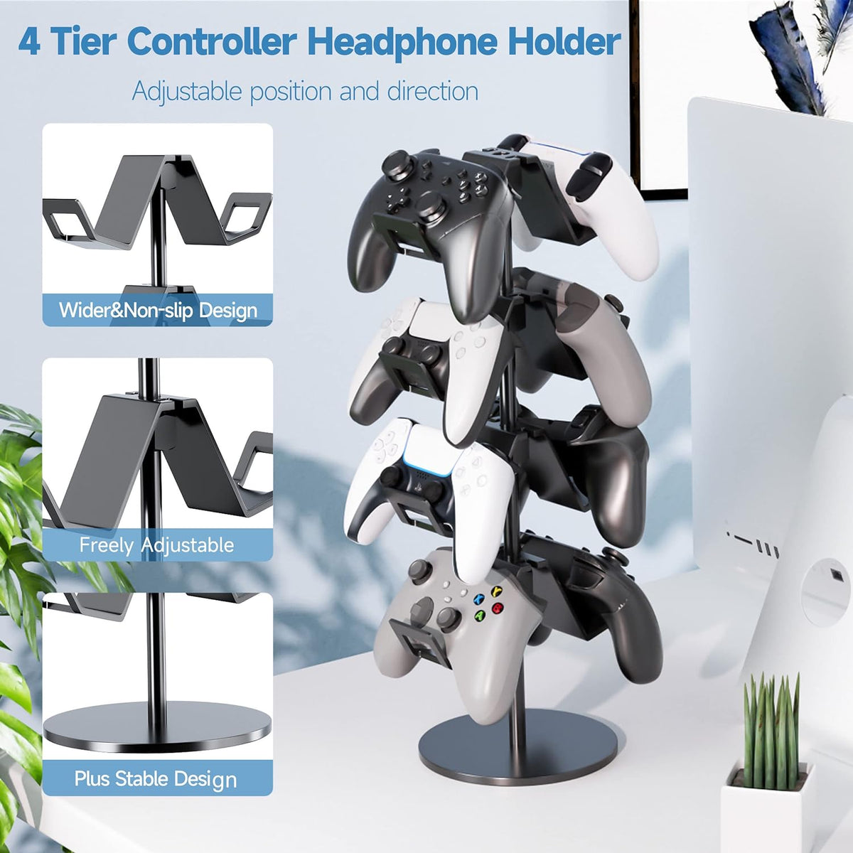Controller Holder 4 Tier,Headphone Stand - Adjustable Headset Holder for Xbox PS5 PS4 Switch Pro