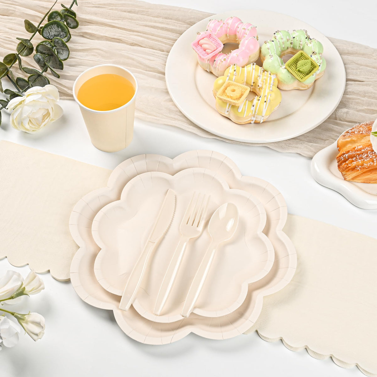 350 Pcs Party Plates and Cups and Napkins Ivory Scalloped Tableware Set
