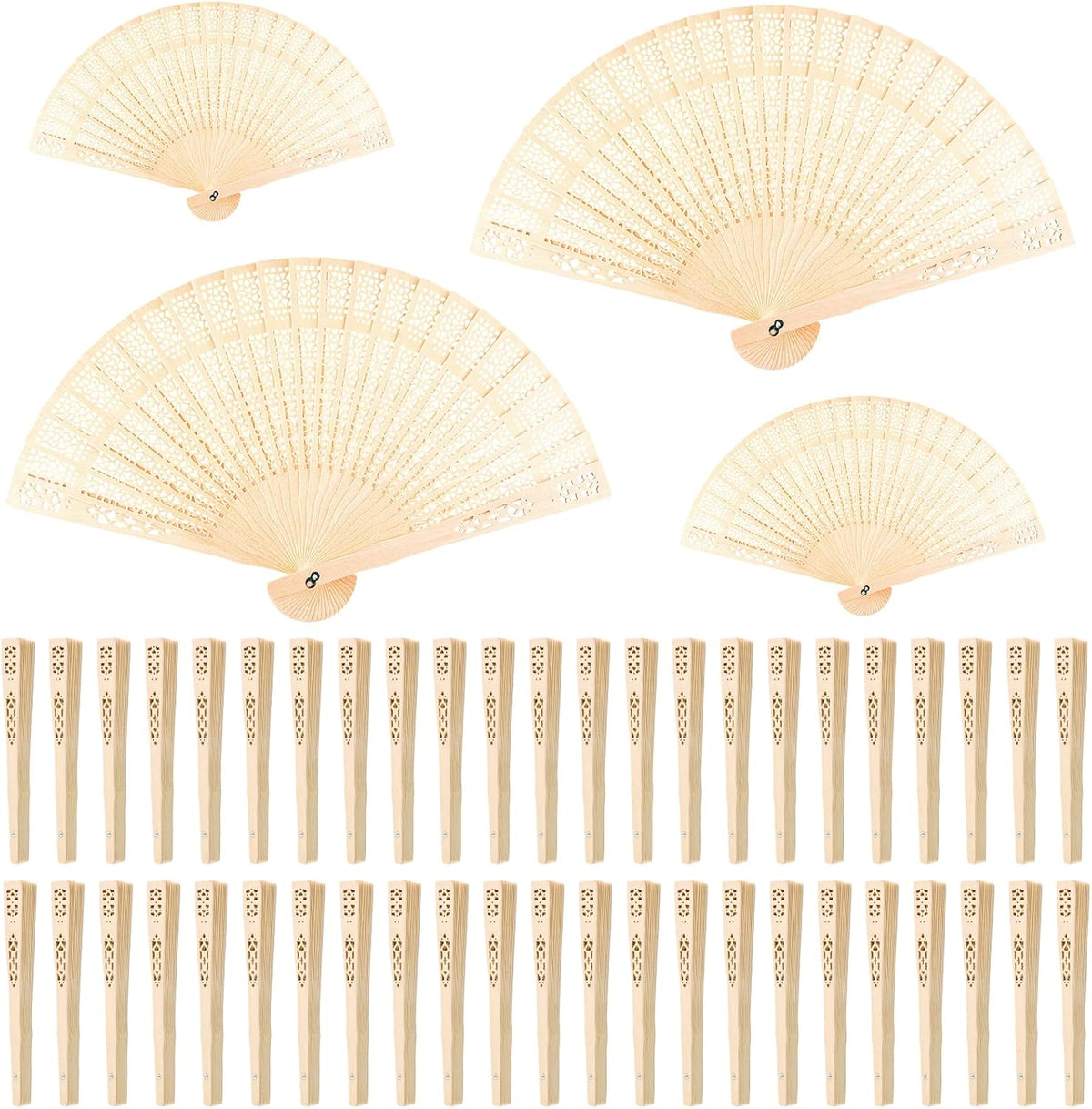 FEPITO 50 Pieces Wooden Handheld Paper Fan Wooden Folding Fans with Bamboos for Wedding Gift