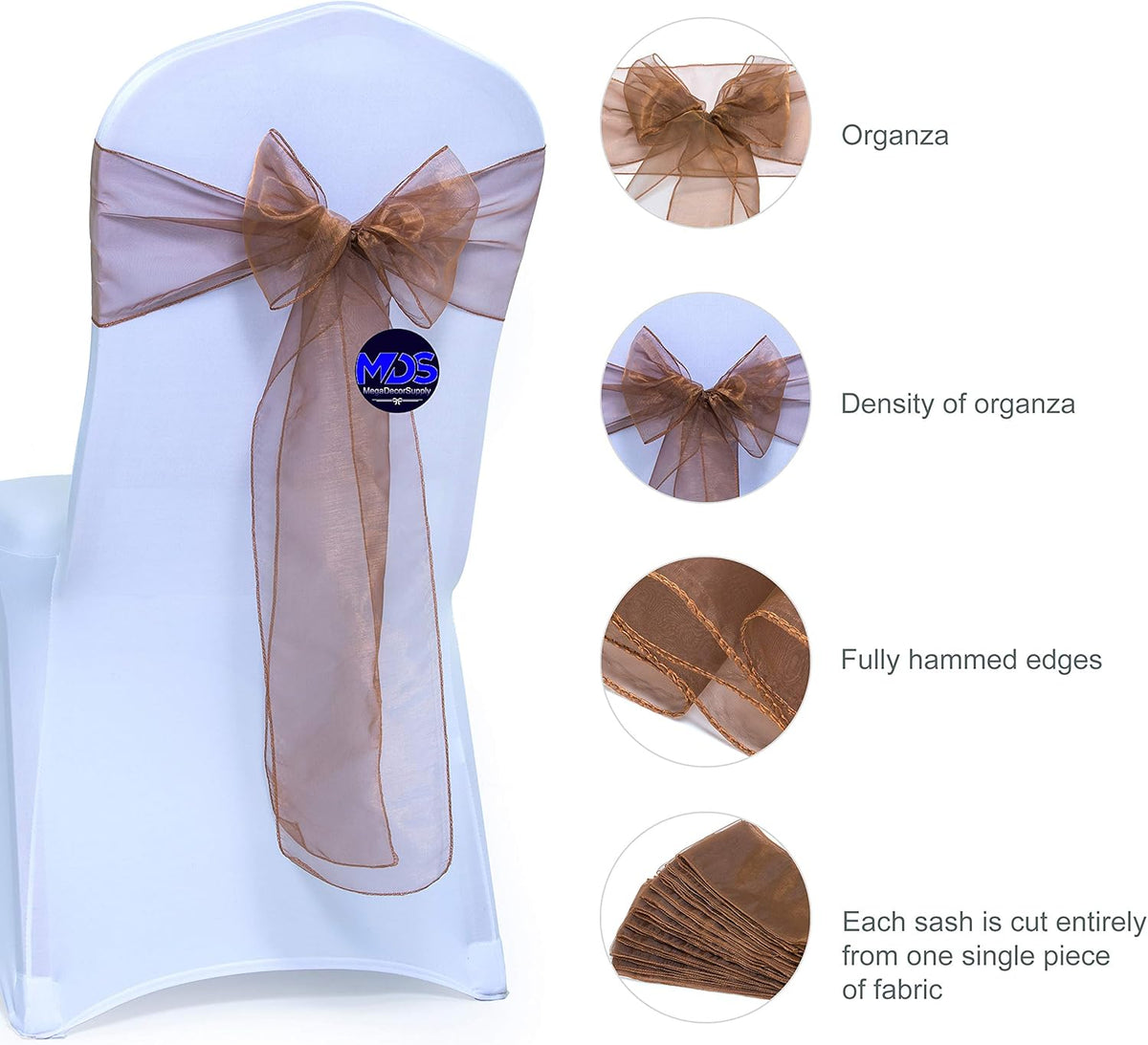 MDS Pack of 125 PCS Organza Chair Sashes Wider Dining Chair Bows Ribbon Tie Back for Wedding Party