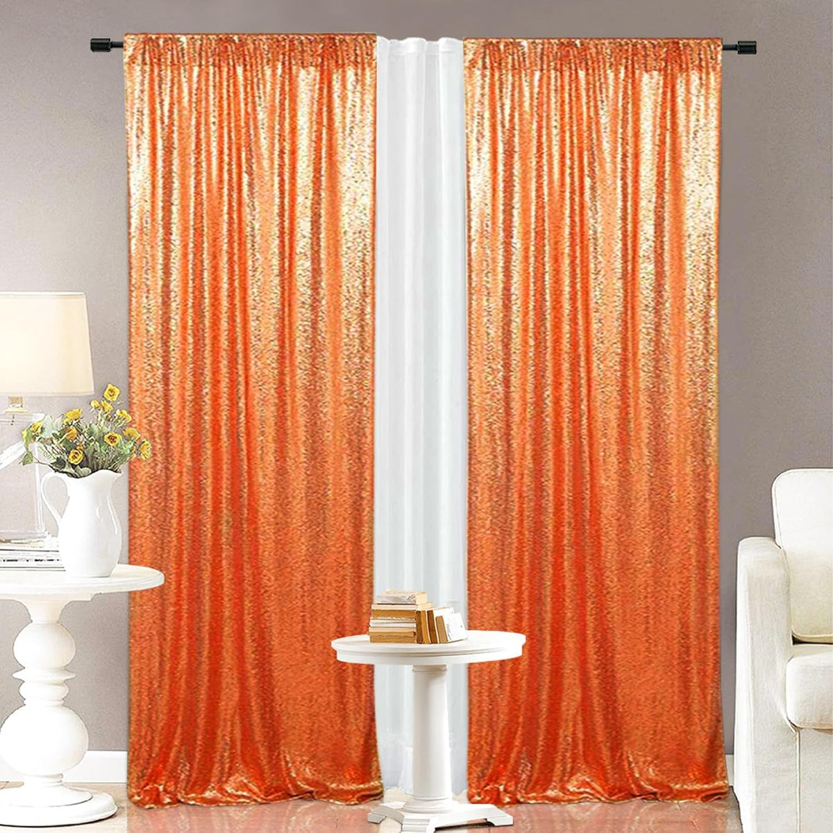 Eternal Beauty Sequin Backdrop Curtains, 2x8 Ft-2 Panels Orange Back Drop for Shimmer Photography