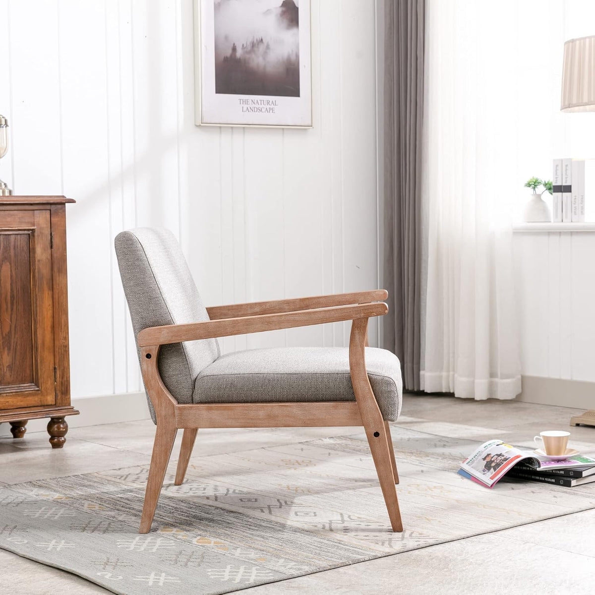 Mid Century Modern Accent Chair Set of 2, Linen Upholstered Living Room Accent Armchair with Wood