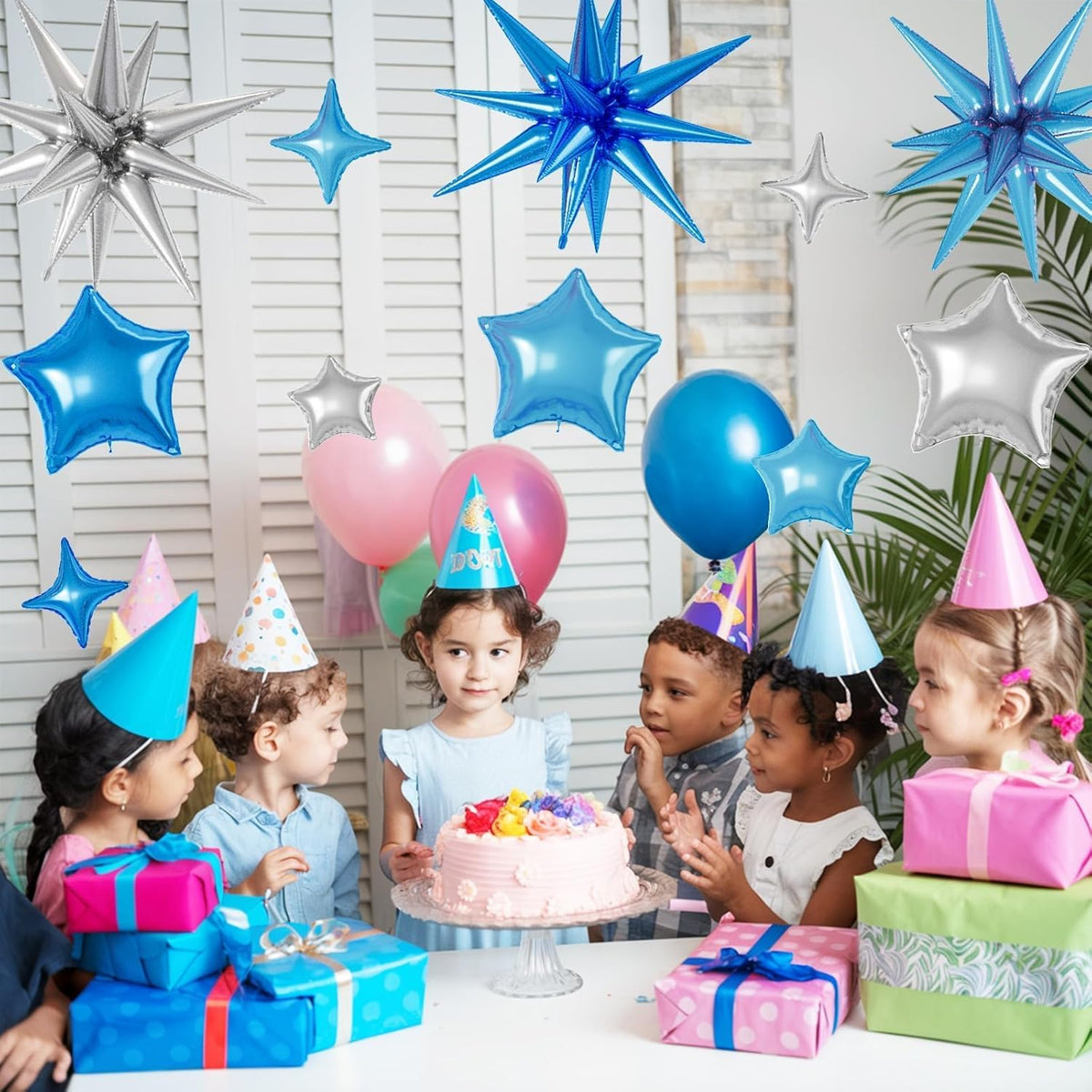 16 Pcs Blue Silver Star Balloons, 22/18/10 Inch Foil Balloons, Four-Pointed Balloon for Kids Boy