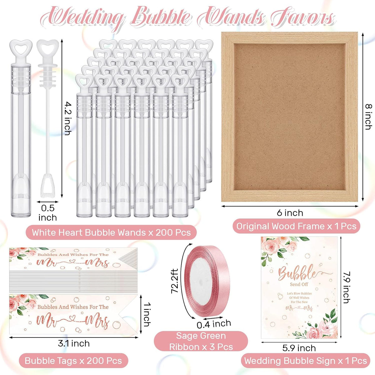 405 Pcs Wedding Bubbles Wands Set Include Heart Bubble Wands Bubbles Send Off Cards Gift Tags Wood