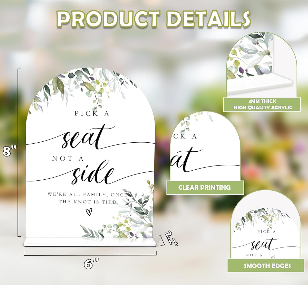 Greenery Pick a Seat Not a Side Sign, 6 x 8 Inch White Arch Acrylic Wedding Sign with Holder
