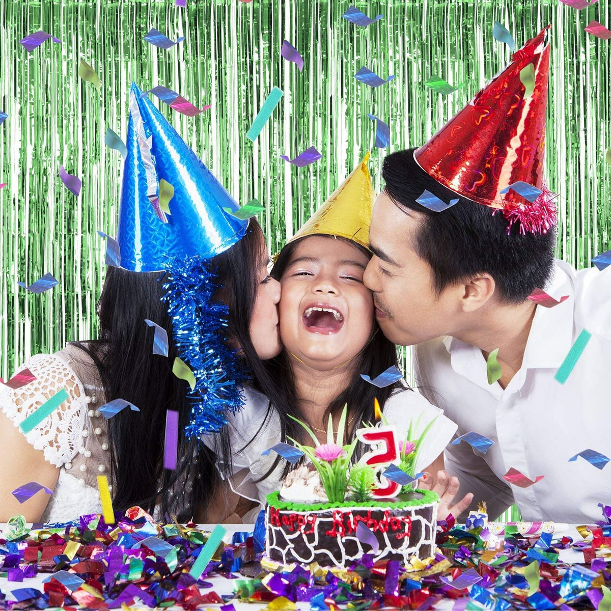 BEISHIDA 2 Pcs Green Door Streamers Tinsel Curtain Party Streamers Backdrop Fringe Foil Wall