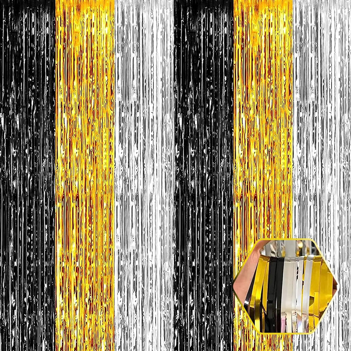 3 Pack Black Gold Silver Foil Fringe Curtain Backdrop, 3.28Ft x 8.2Ft Metallic Tinsel Foil Fringe