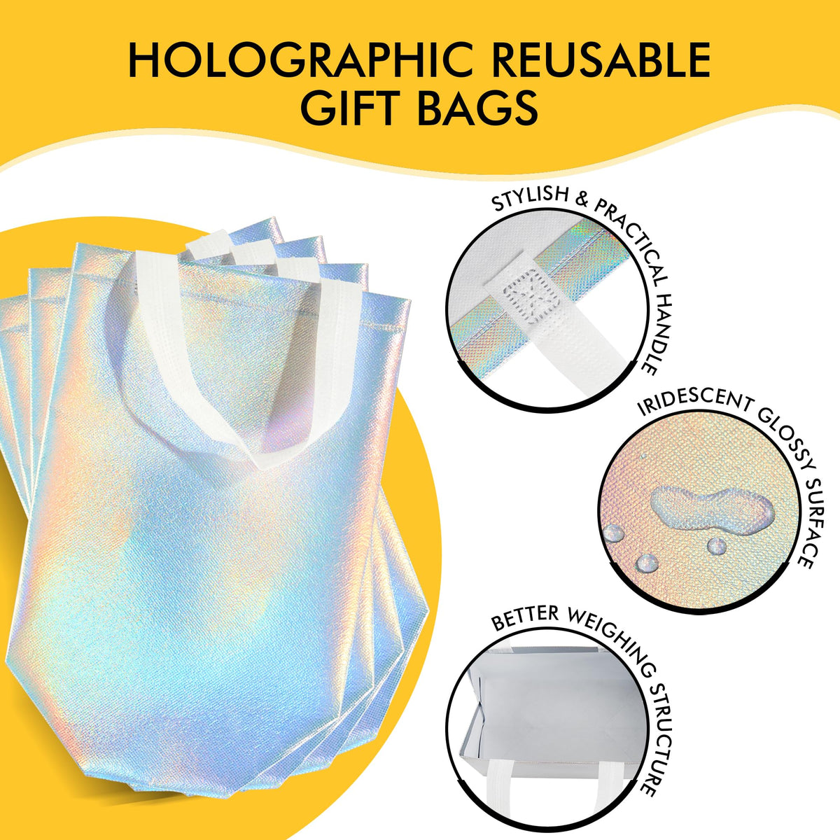 RACETOP 15 Pcs Iridescent Glossy Gift Bags Medium Size, 8x4x10 Inch Holographic Reusable Gift Bags
