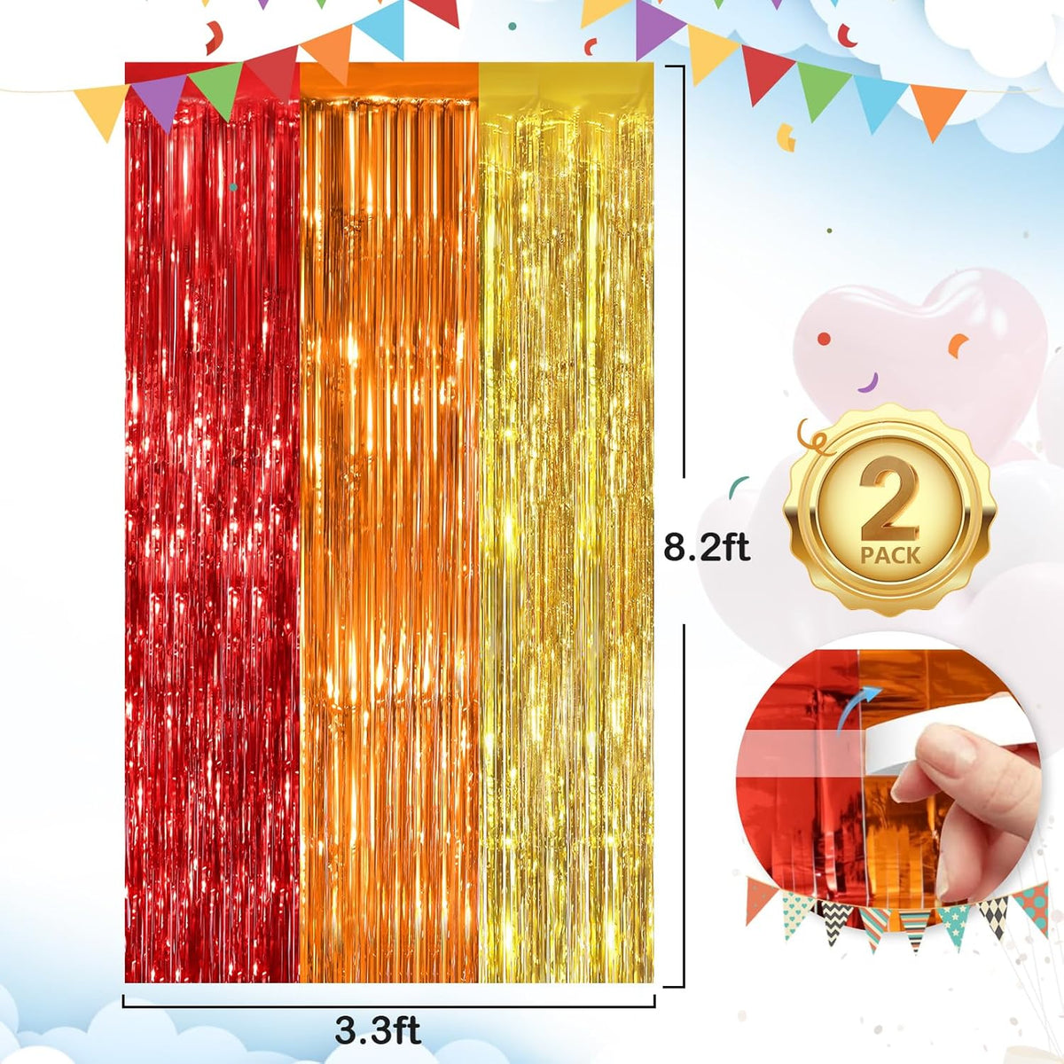 red orange gold Fringe Curtain Party Streamers 2Pack 3.3 x 8.3 Ft Foil Fringe Backdrop Curtains for