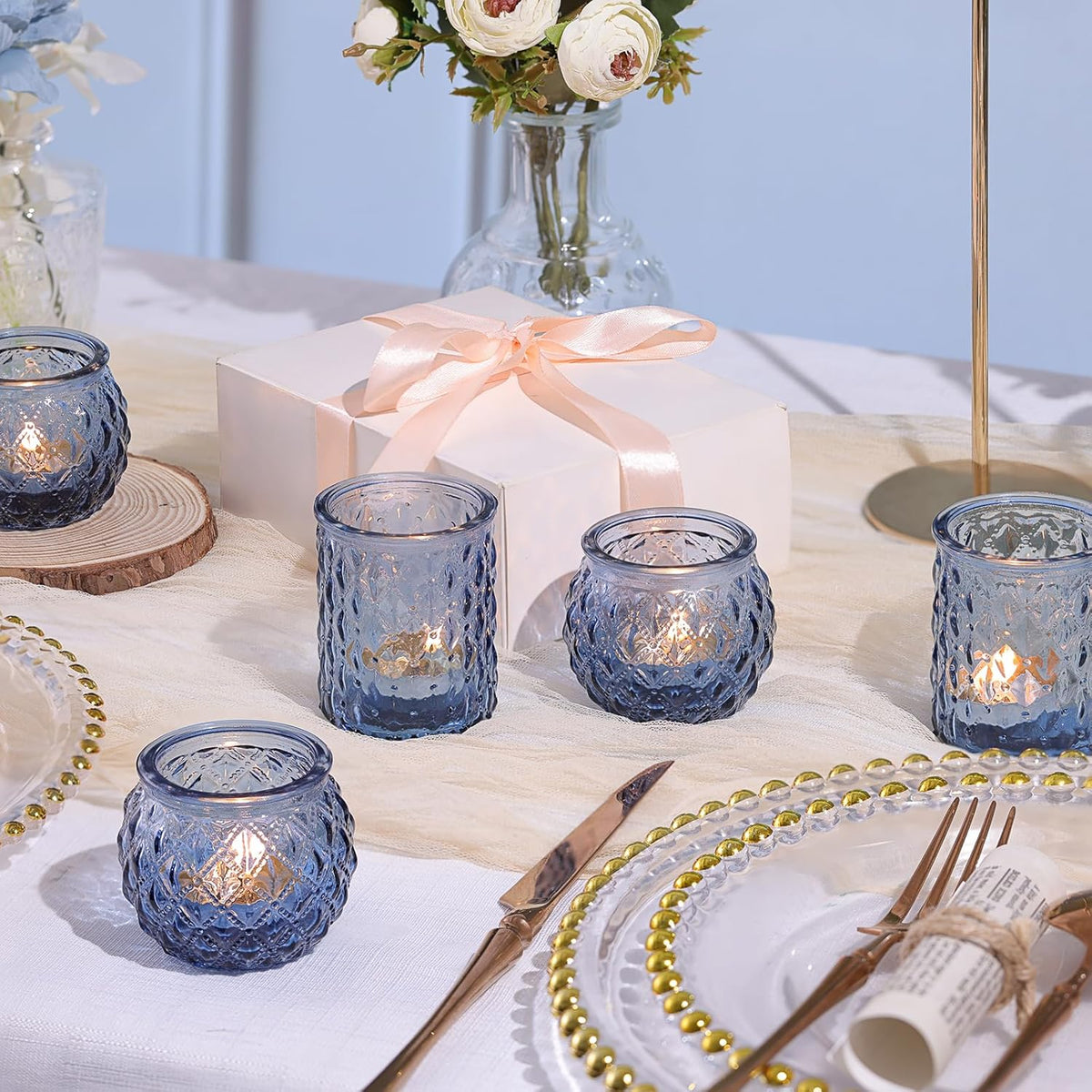 12pcs Assorted Blue Votive Candle Holders, Tea Lights Candle Holder for Wedding Decor, Blue Candle