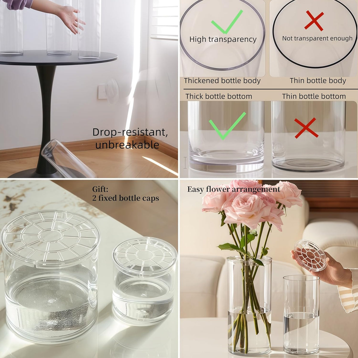 2 Acrylic Cylinder Clear Vase for Centerpieces, Tall Large Unbreakable Plastic Flower Vases for