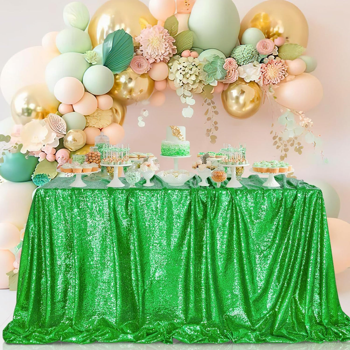 QueenDream 60x102 Inches Green Table Clothes for Parties Birthday Wedding Sequin Tablecloth Cake
