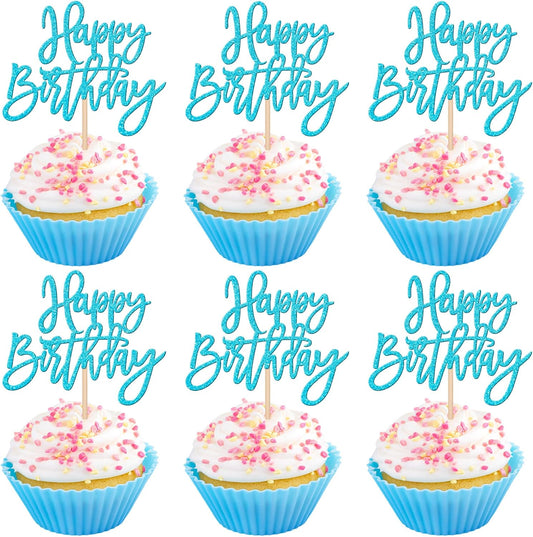 24 PCS Happy Birthday Cupcake Toppers Glitter Picks for Celebrating Anniversary Theme Party Cake