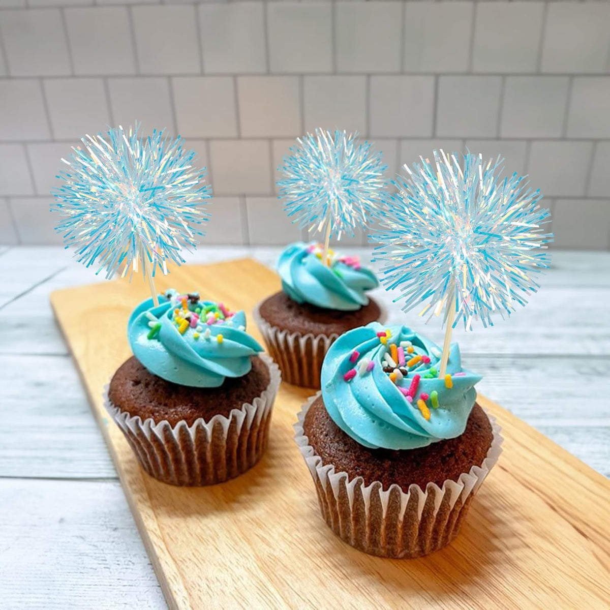Ephlyn 30Pcs Foil Firework Cupcake Toppers Party Birthday Cake Toppers Supplies Sparkle Tinsel