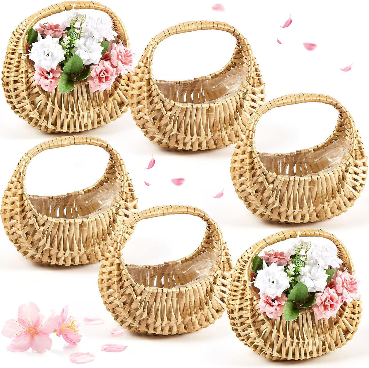Taiyin 6 Pack Rattan Flower Girl Basket Small Half Moon Straw Wicker Basket with Handle Ideal for