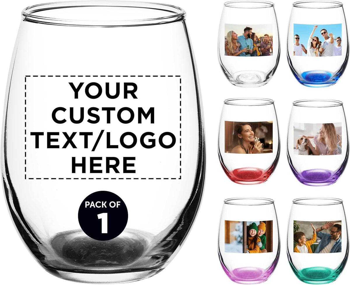 DISCOUNT PROMOS Custom Stemless Wine Glass 9 oz. Set of 1, Personalized text, logo and picture