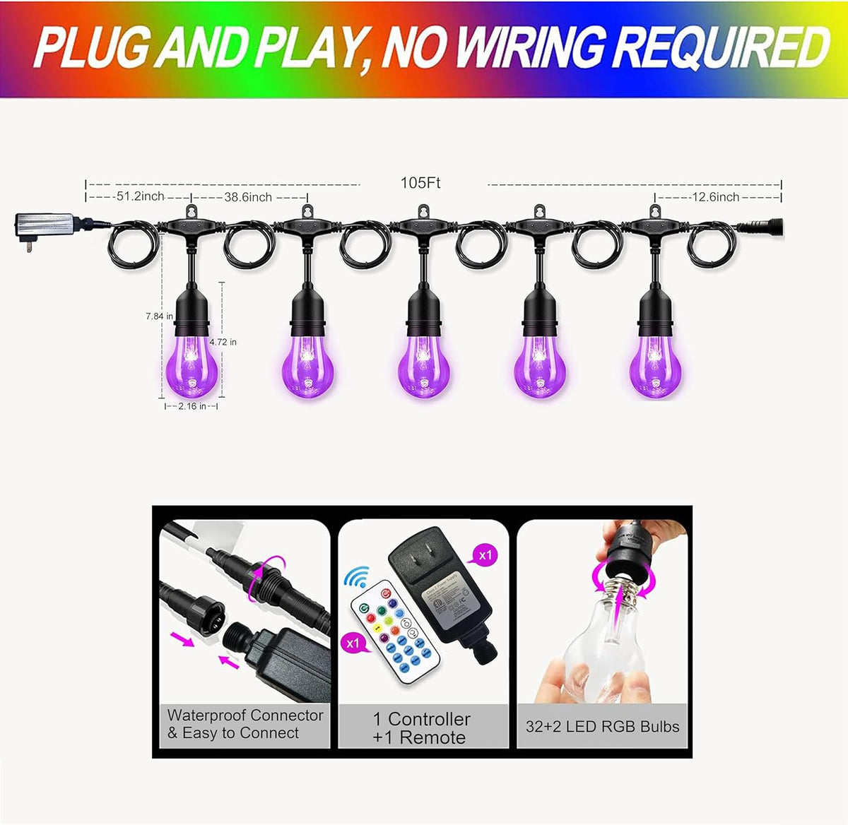 105FT Solar Outdoor String Lights, 32 Shatterproof E26 Edison LED Bulbs, Dimmable RGB Color